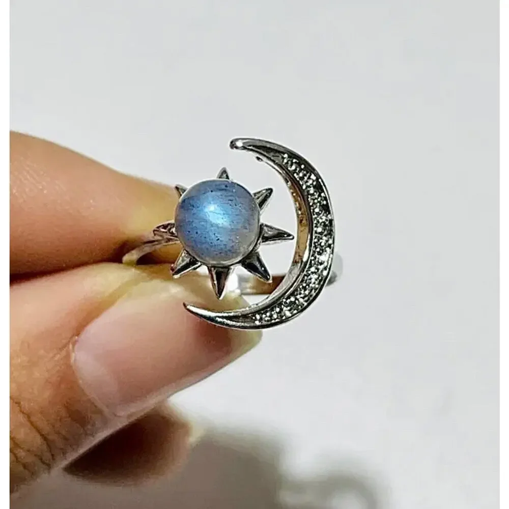 Labradorite Sun & Pavé Moon Adjustable Ring - Picture 1 of 3